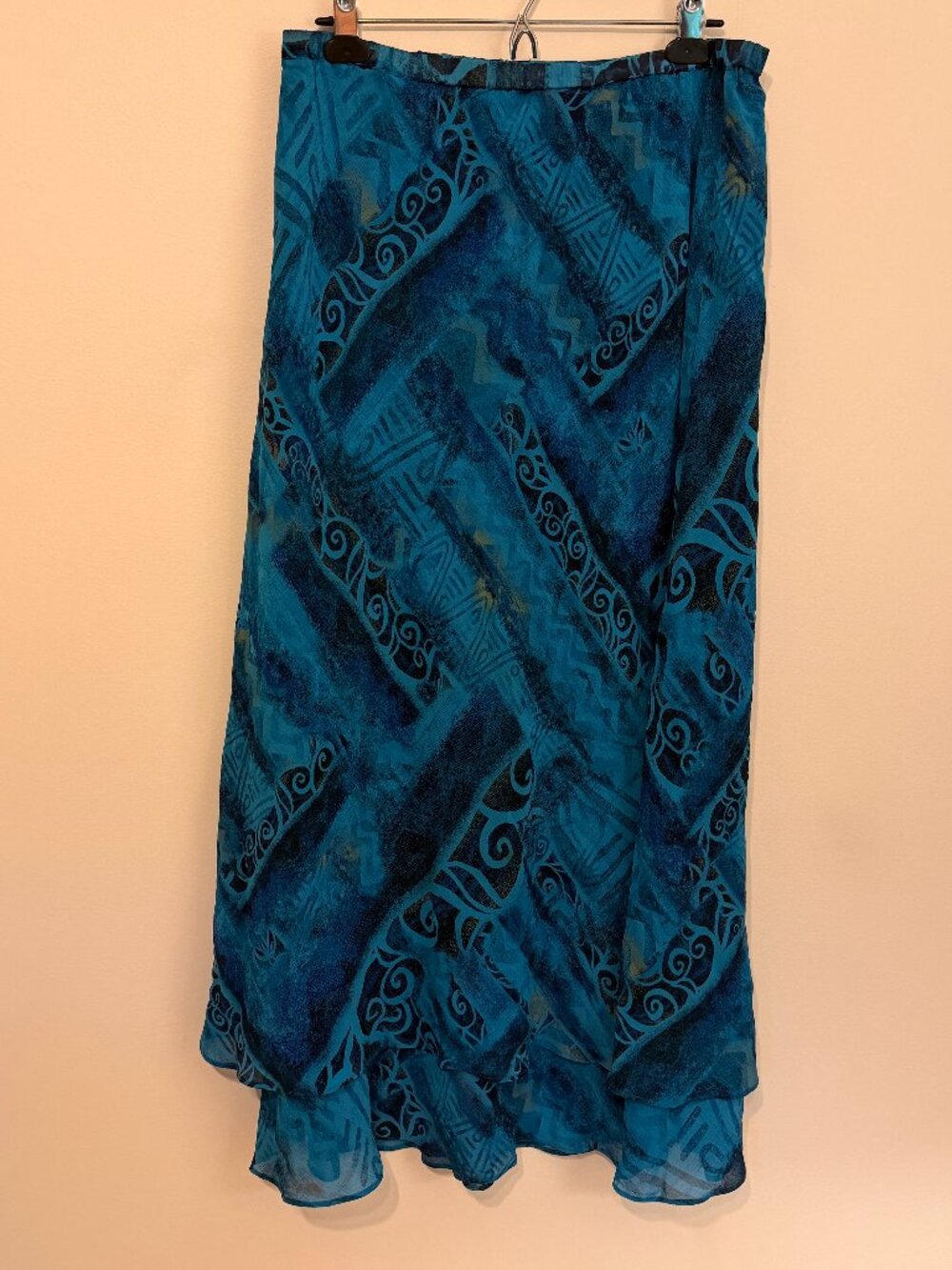 Chico's Vintage Patterned Silk Tiered Maxi Skirt, Size 3 (XL), Excellent Cond.